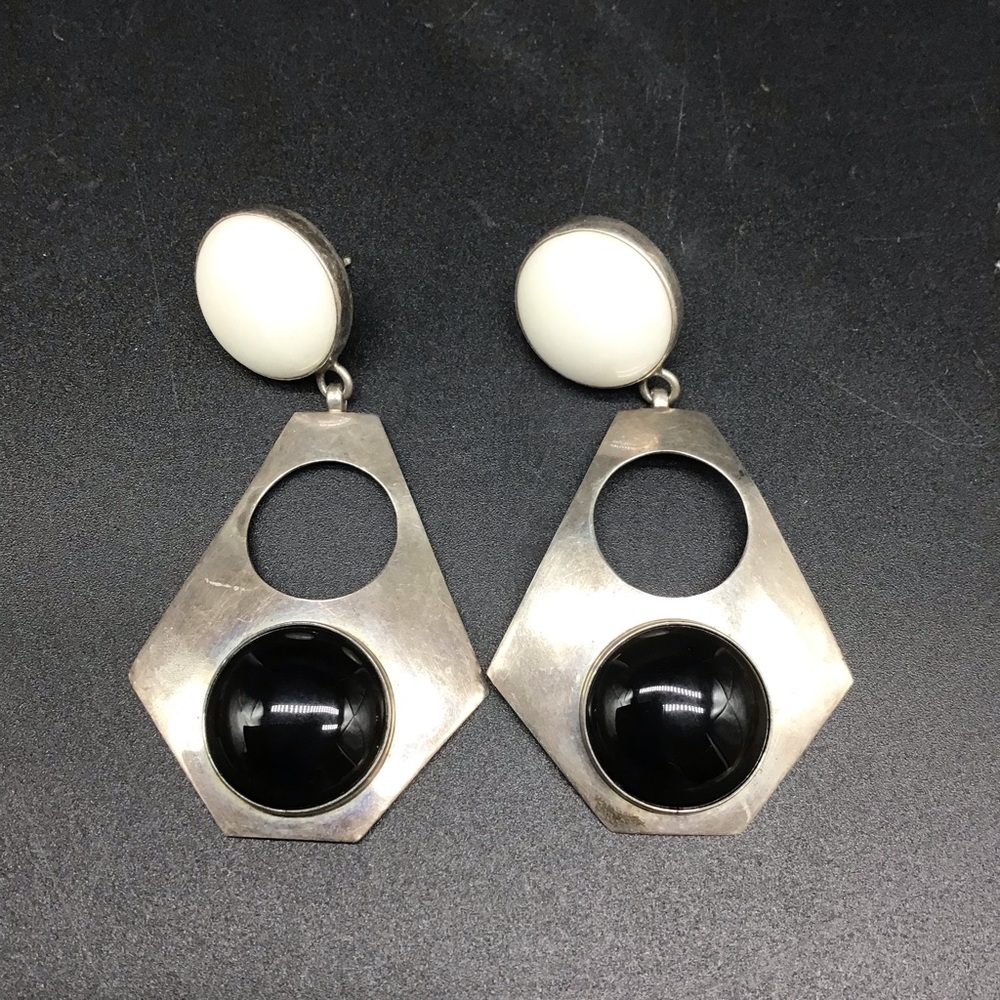 Vintage Silver Black & White Onyx Stud Dangle Moon Yin & Yang Earrings